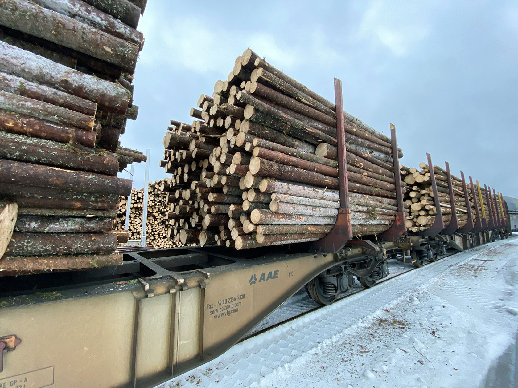 Nærbilde av fullastede tømmervogner.