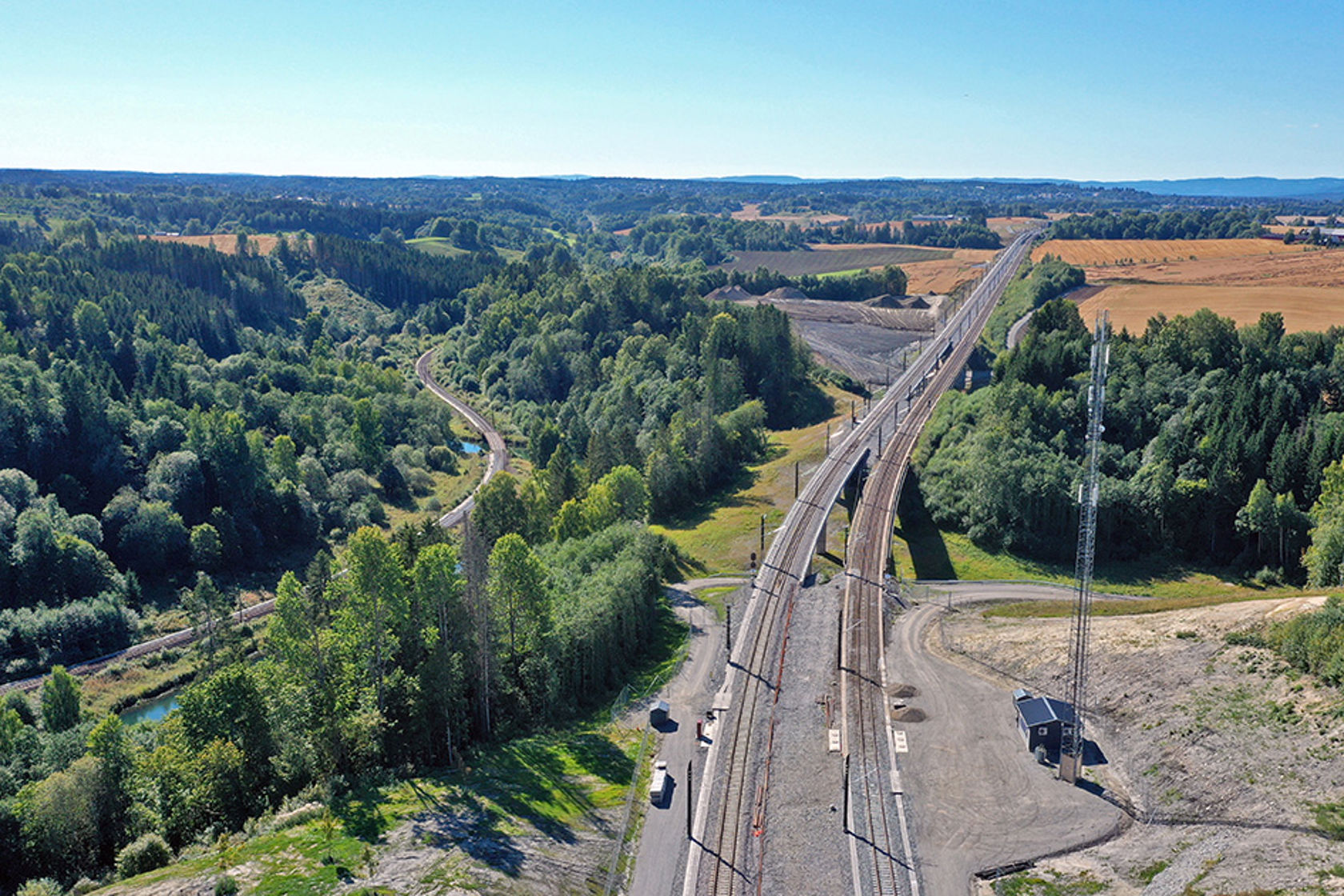 Dronefoto av dobbeltsporet med Ålborgveien bruer og rettstrekningen sørover mot Venjar.