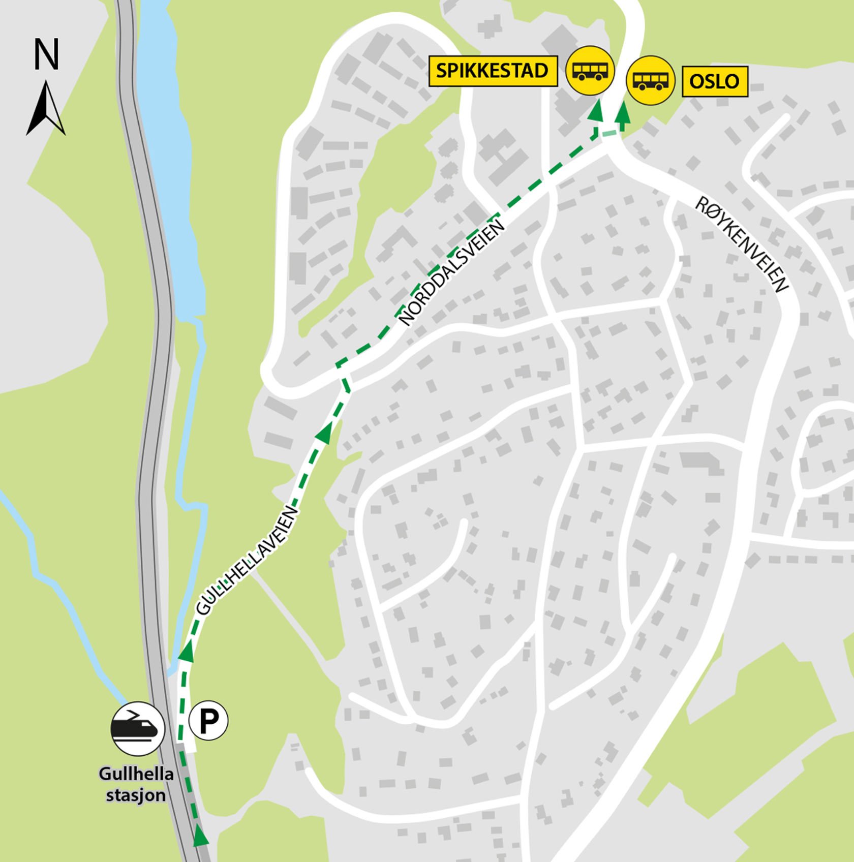 The map shows that the buses run from Gullhella nursing home, about 1 km walking distance