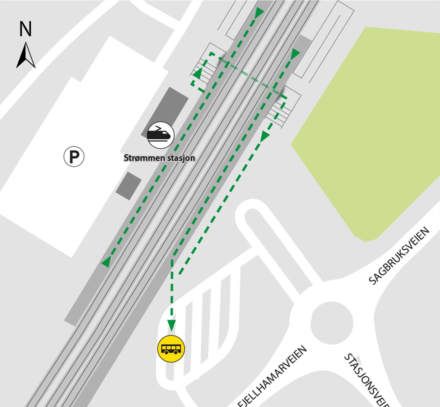 Map shows rail replacement service departs from bus stop at Strømmen kollektivterminal, platform 4. 