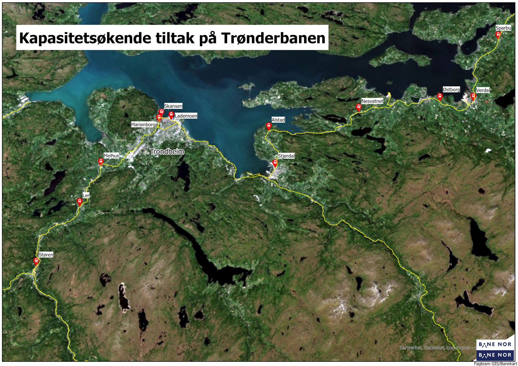 Kart som viser de planlagte kapasitetsøkende tiltakene i Trøndelag.