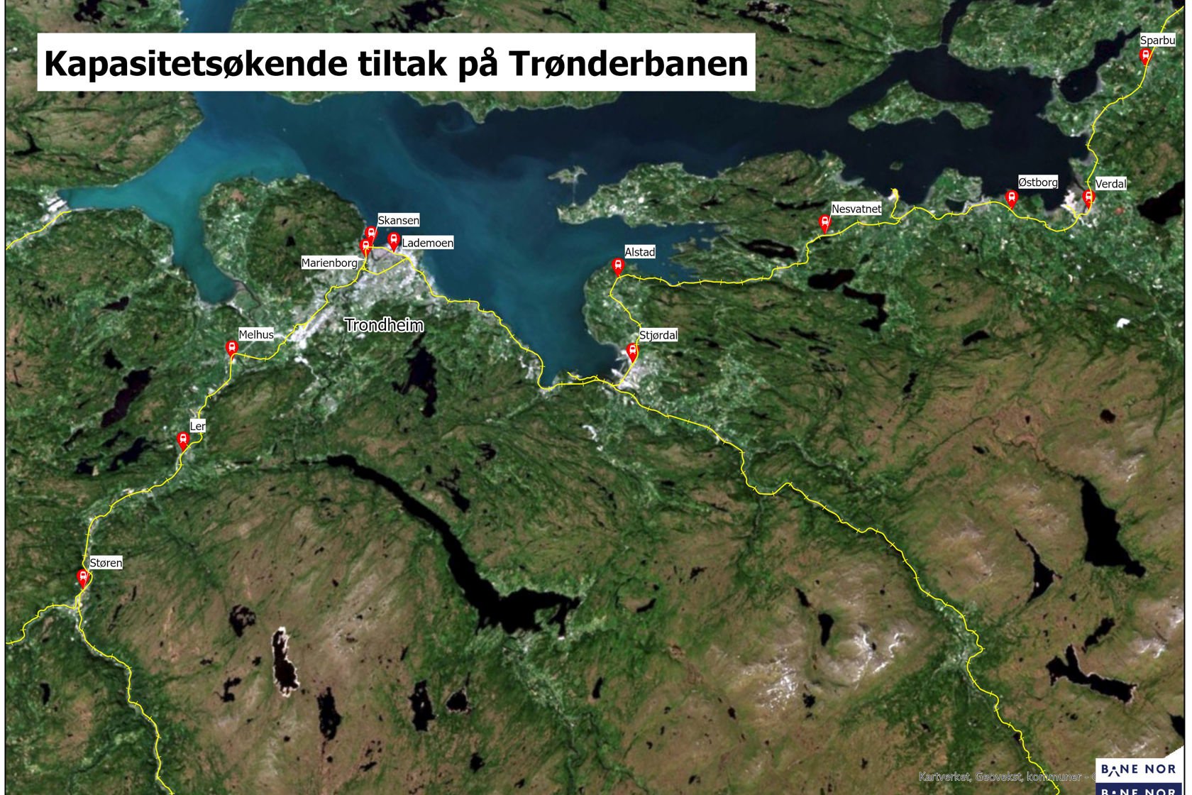 Kart som viser de planlagte kapasitetsøkende tiltakene i Trøndelag.