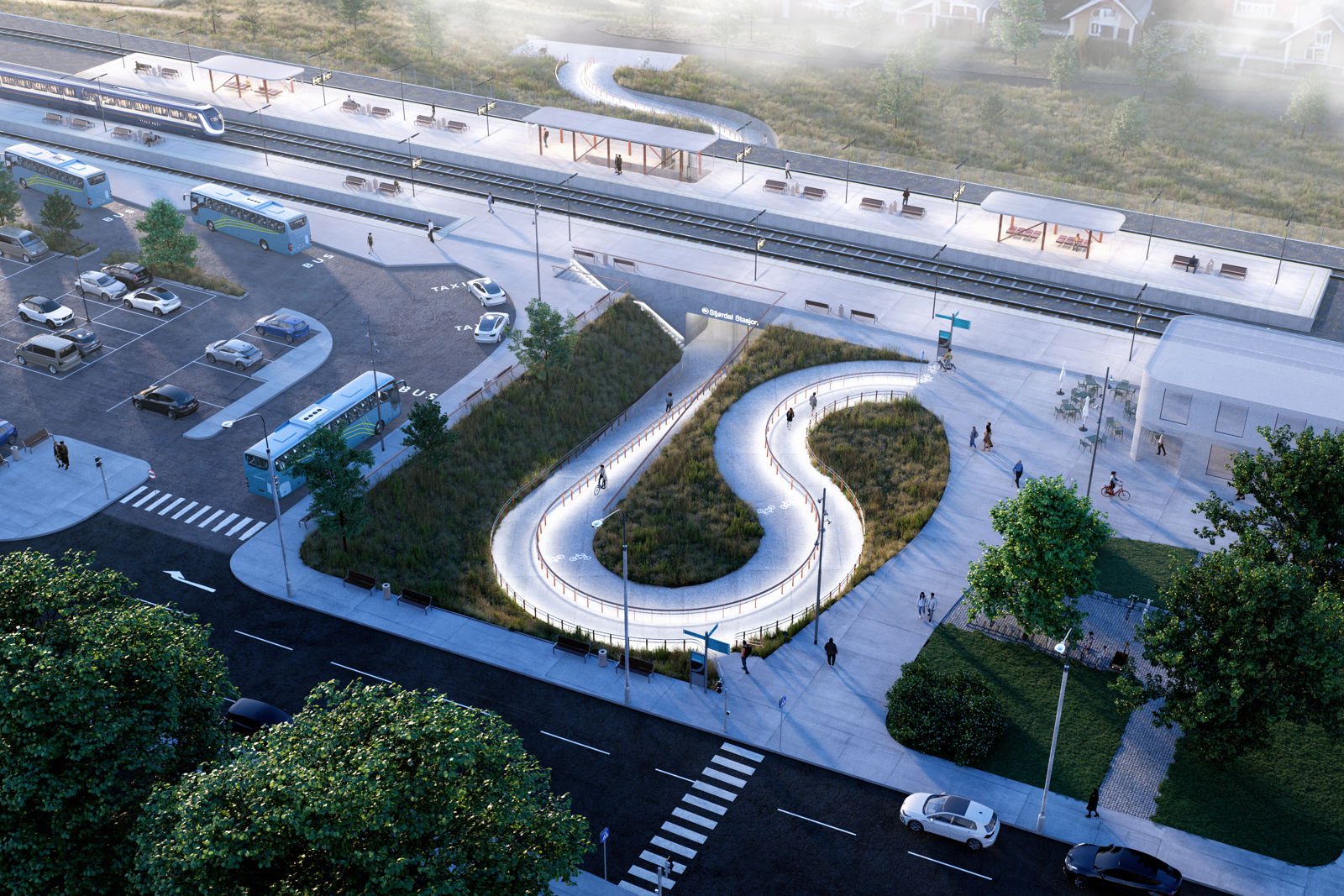 Illustrasjon av ferdig bygget Stjørdal stasjonsområde