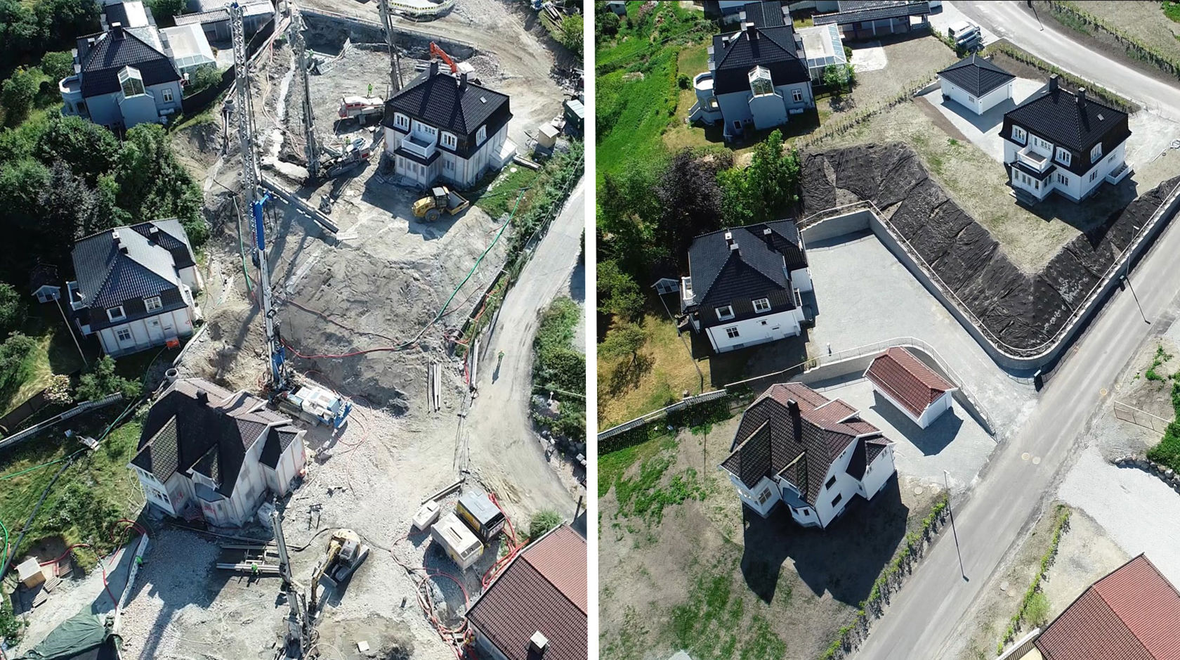 Kollasj: området med anleggsmaskiner i 2021 på en side, og slik det er nå på den andre.