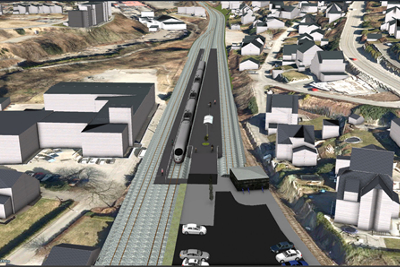 Digital illustrasjon av Ganddal stasjon med nytt vendespor