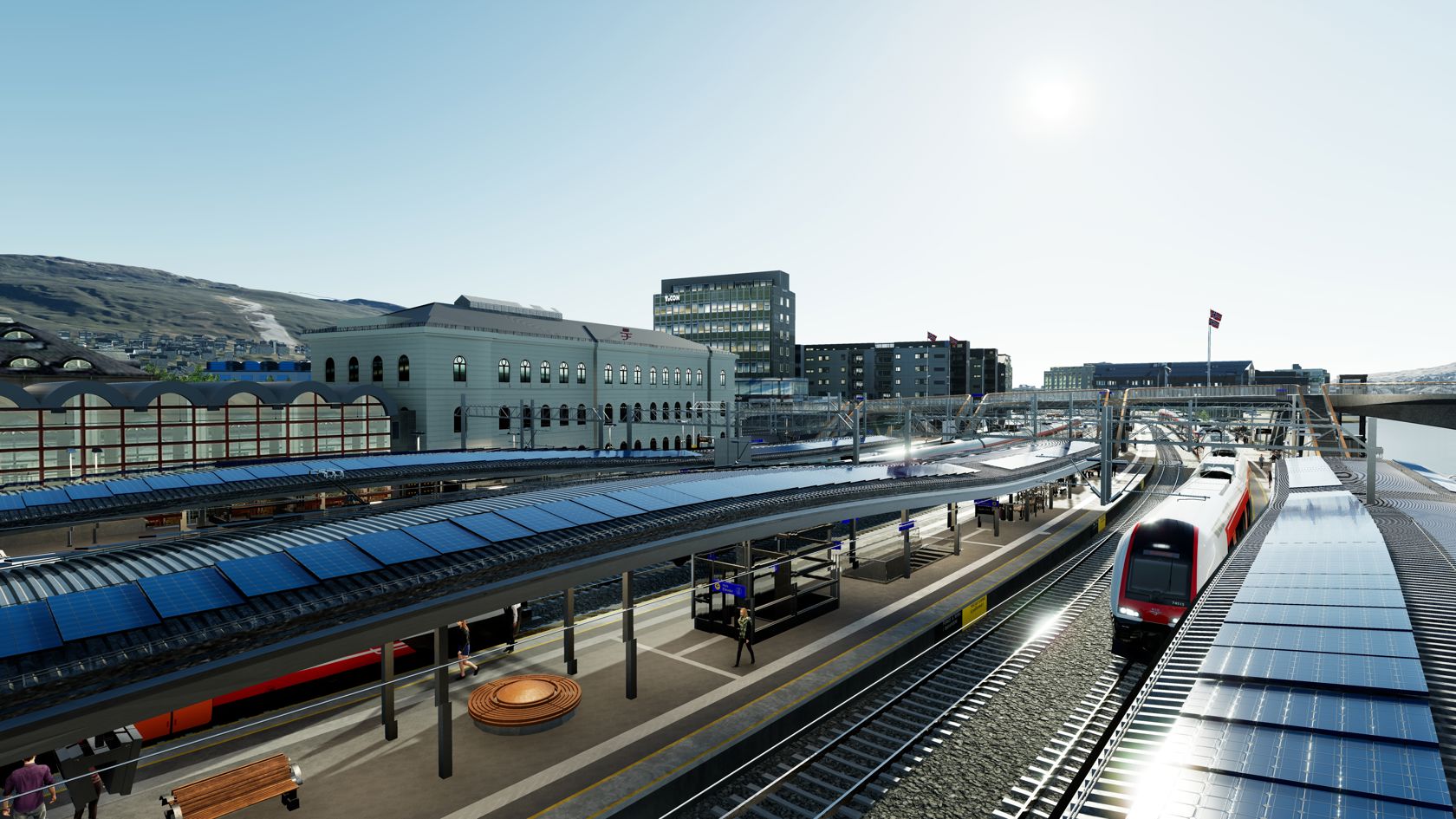 Illustrasjon som viser den nye Drammen stasjon med solceller på plattformakene.