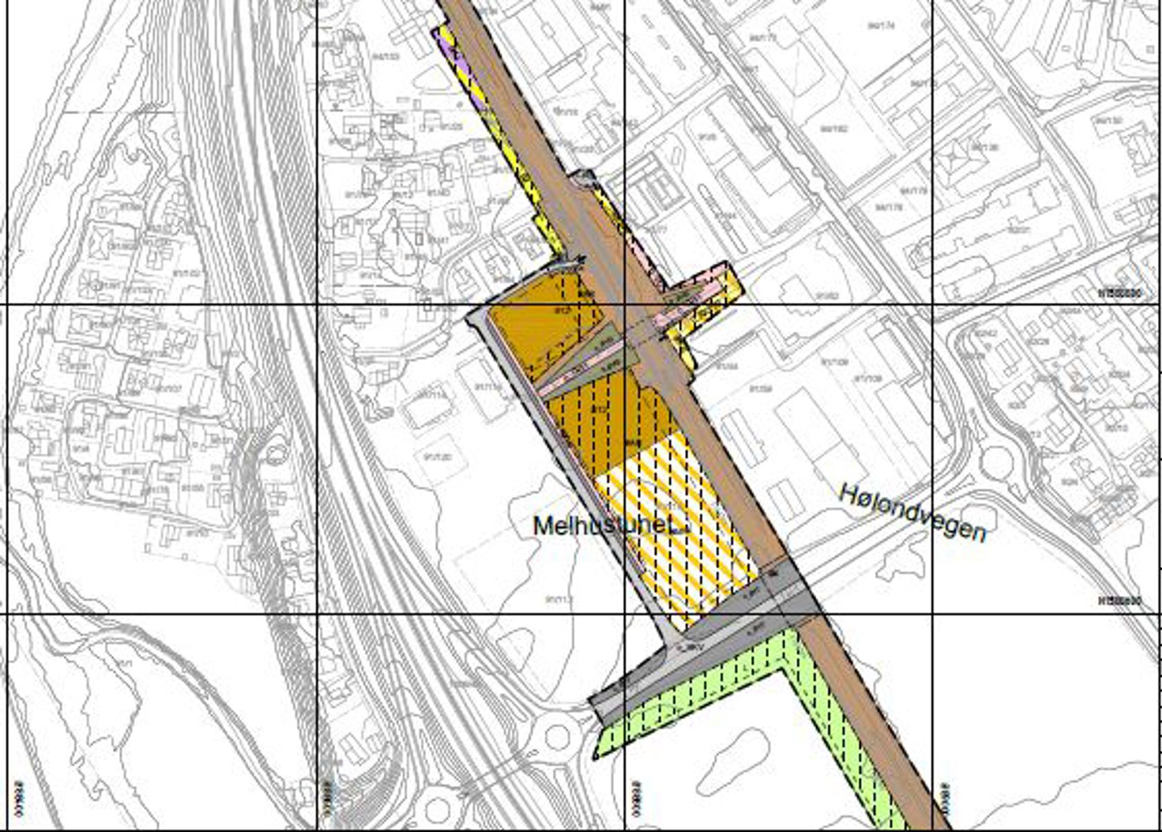 Kart som viser område for planlagt utbygging av jernbanen ved Melhus Stasjon