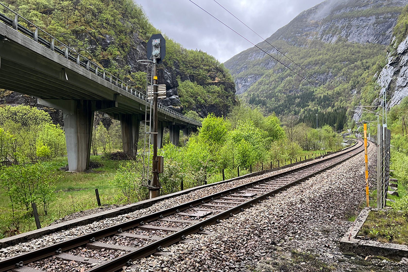 Bilde som viser jernbanespor og veibru i vakkert landskap