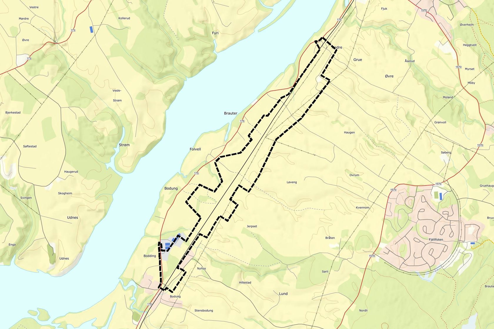 Kar som viser planområdet ved Bodung på Kongsvingerbanen