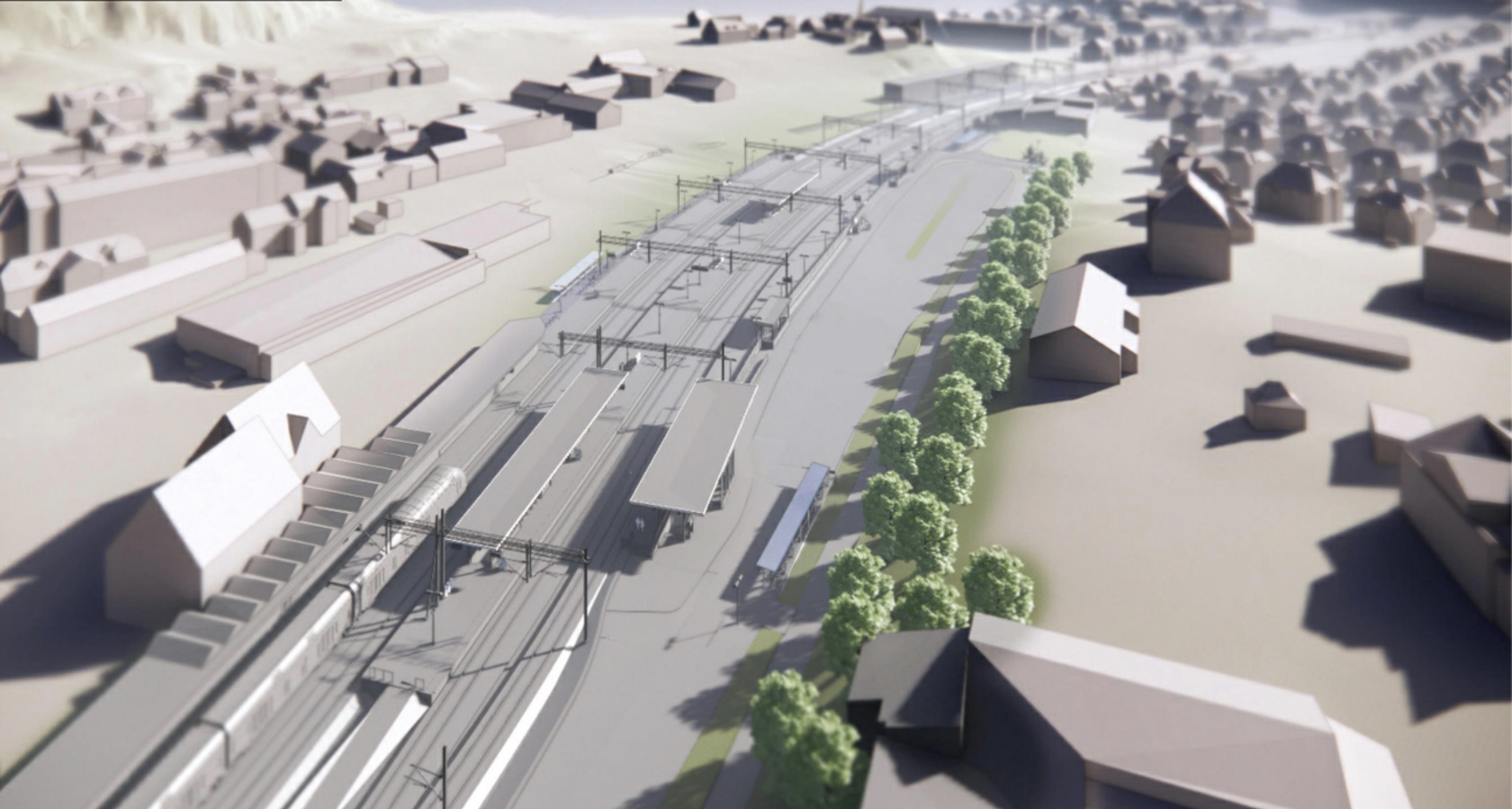 Illustrasjon av 4 toglinjer, stasjonsbygg og boligbebyggelse