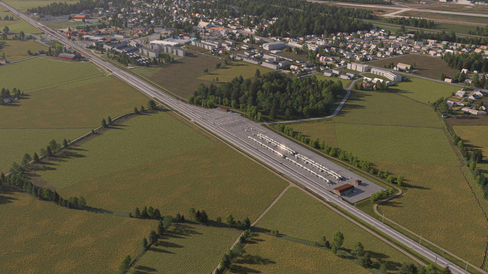 Illustrasjon som viser hvordan togparkeringsanlegget på Gon kan se ut når det står ferdig.