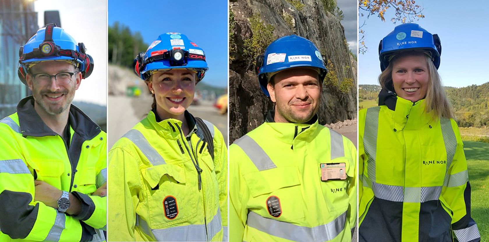 Bilde av to menn og kvinner i gult arbeidstøy og med hjelmer.