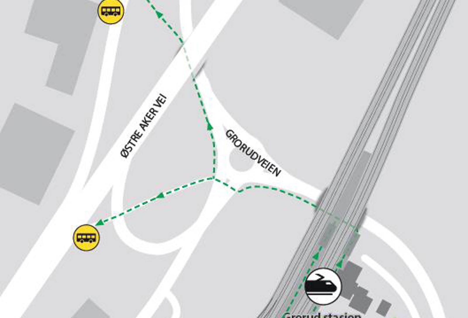 Når det er buss for tog, kjører busser til Oslo S fra påkjøringsrampen til Østre Aker vei.