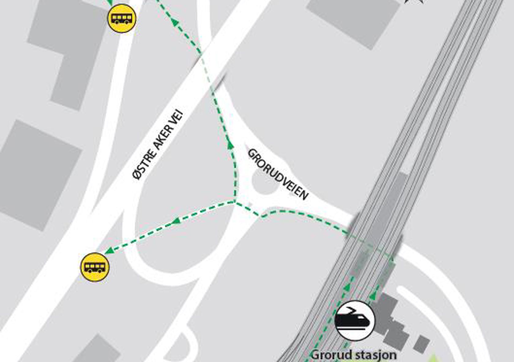 Når det er buss for tog, kjører busser til Oslo S fra påkjøringsrampen til Østre Aker vei.