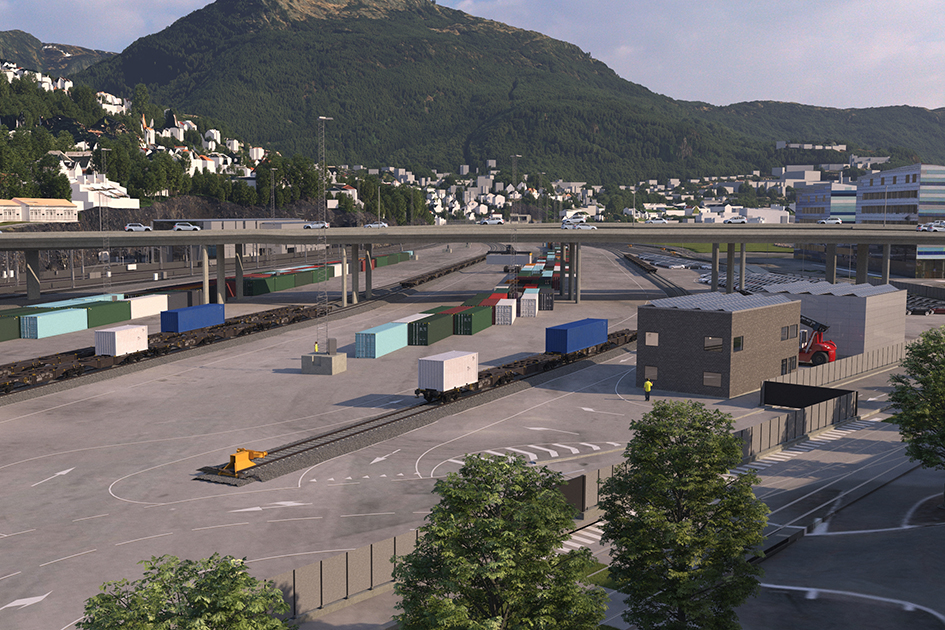 Slik blir den nye utslippsfrie godsterminalen på Nygårdstangen i Bergen. (Illustrasjon: Bane NOR/Cowi)