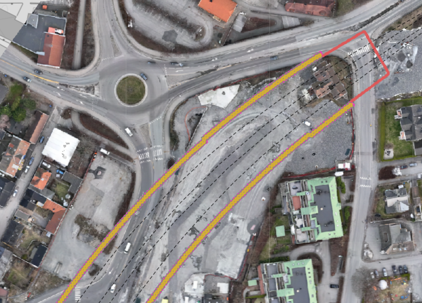 Dronefoto som viser plassering av fremtidig byggegrop. 