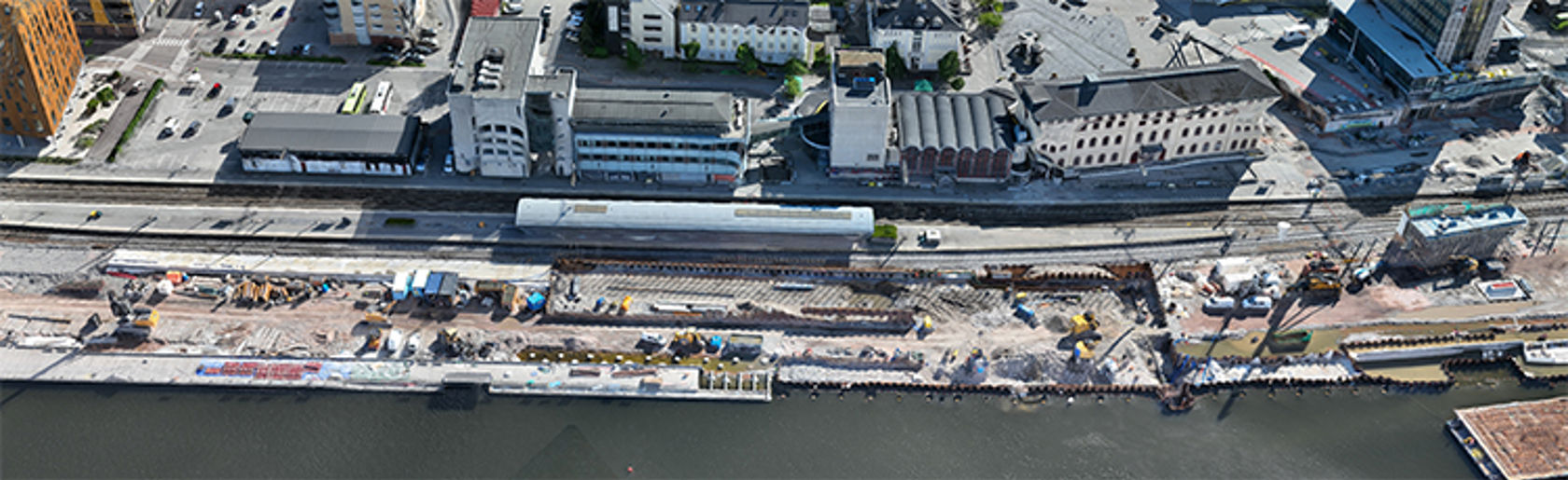 Dronefoto av området ved Drammen stasjon