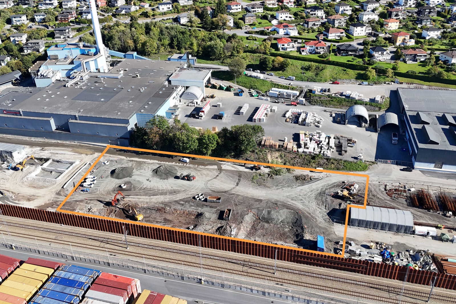 Dronefoto som viser området der det skal jobbes. 