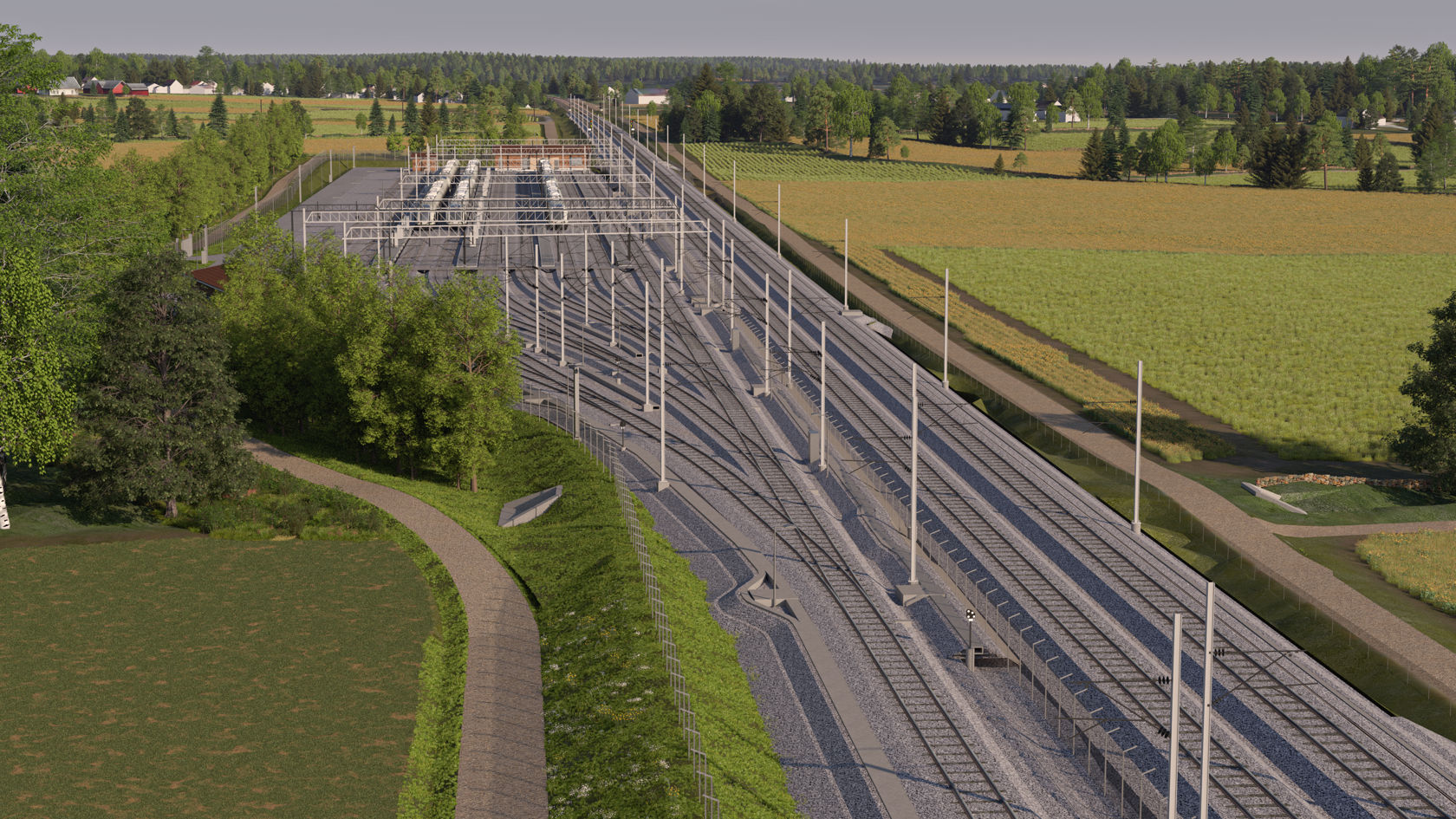 Illustrasjon viser jordbruksområde og skog med toglinje og togparkeringsanlegg. 