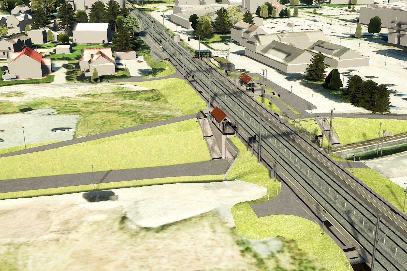 3D Illustrasjon av Melhus stasjon sett fra sør. Viser nye spor og publikumsfasiliteter.