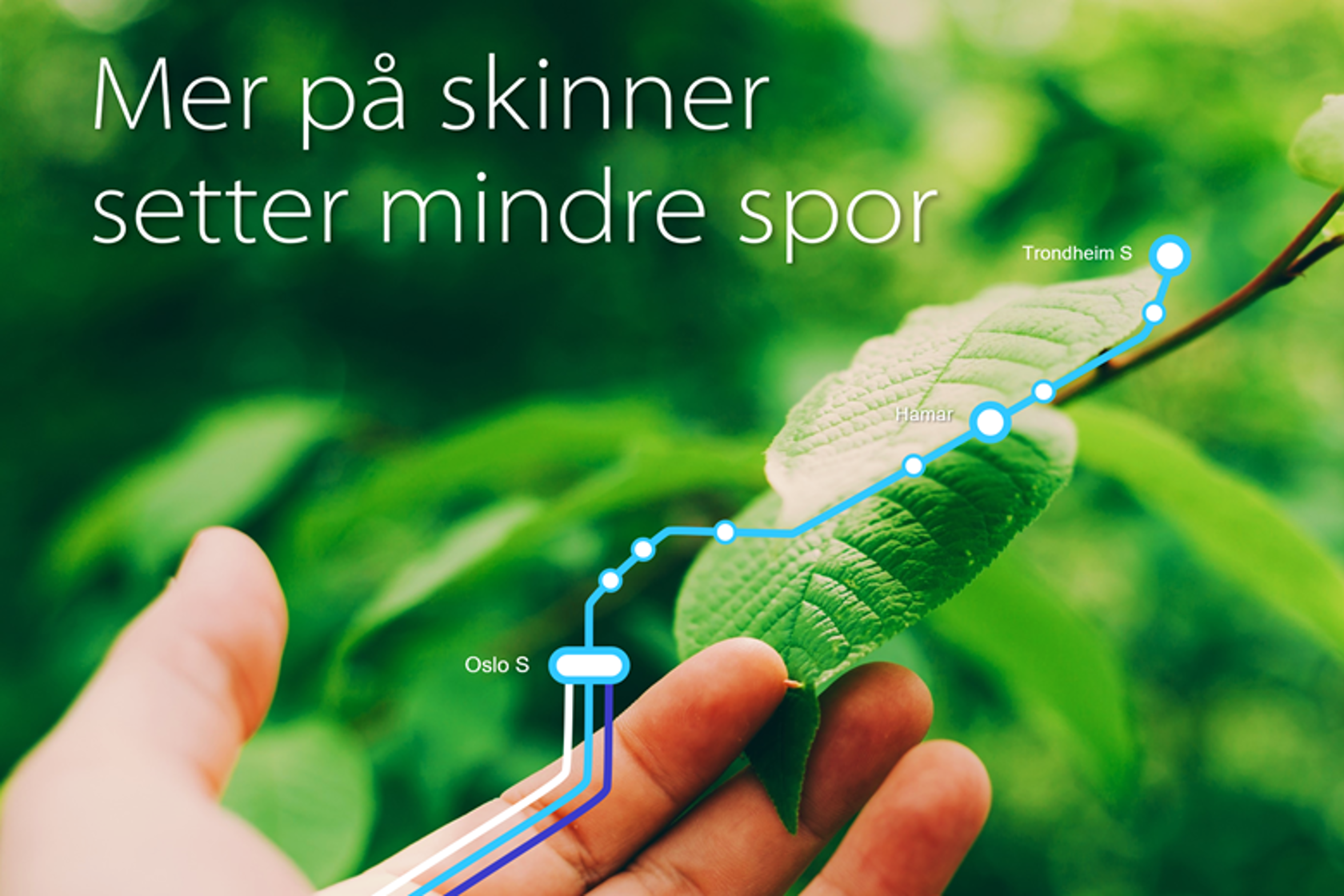 Bilde av en hånd som holdes ut mot grønne blader. Gjennom bildet går også en illustrasjon av jernbanespor mellom norske byer, og teksten "Mer på skinner setter mindre spor".