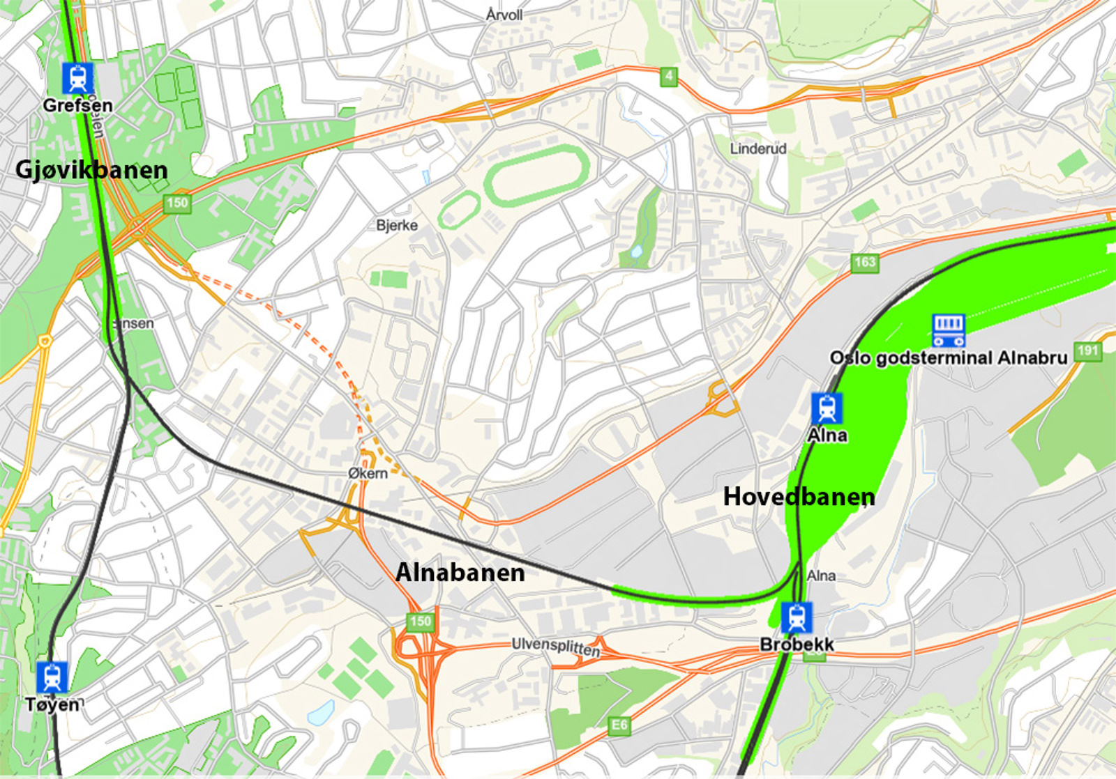 Kart over Alnabanen.