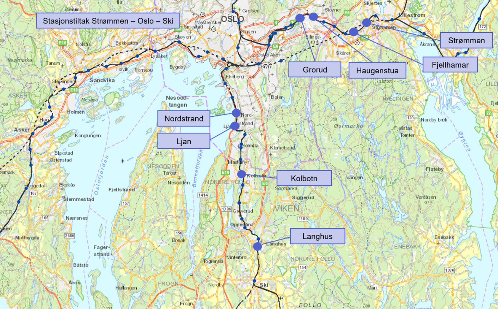 Kart som viser plassering av stasjonene som skal oppgraderes