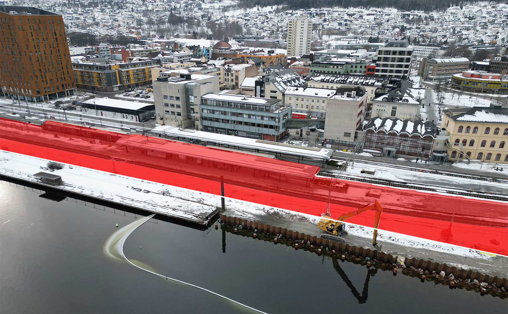 Flyfoto med farget felt som viser arbeidsområdet