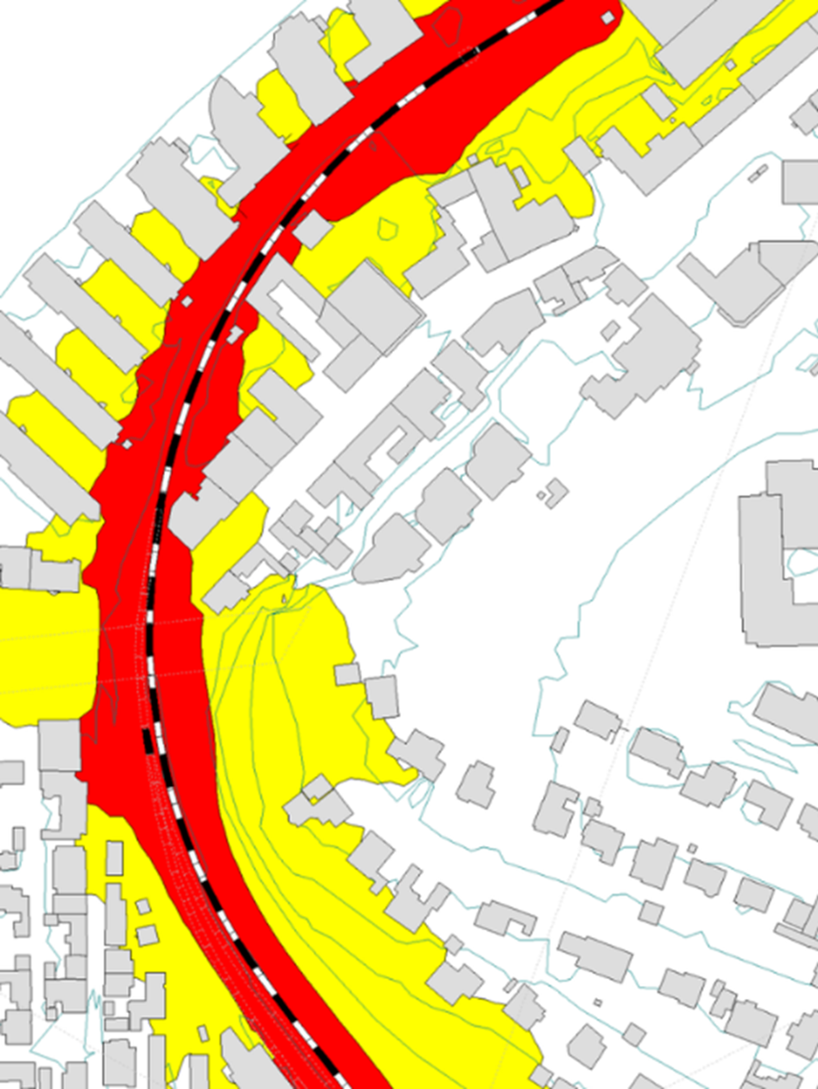 Støysonekart som er inndelt i røde og gule soner.