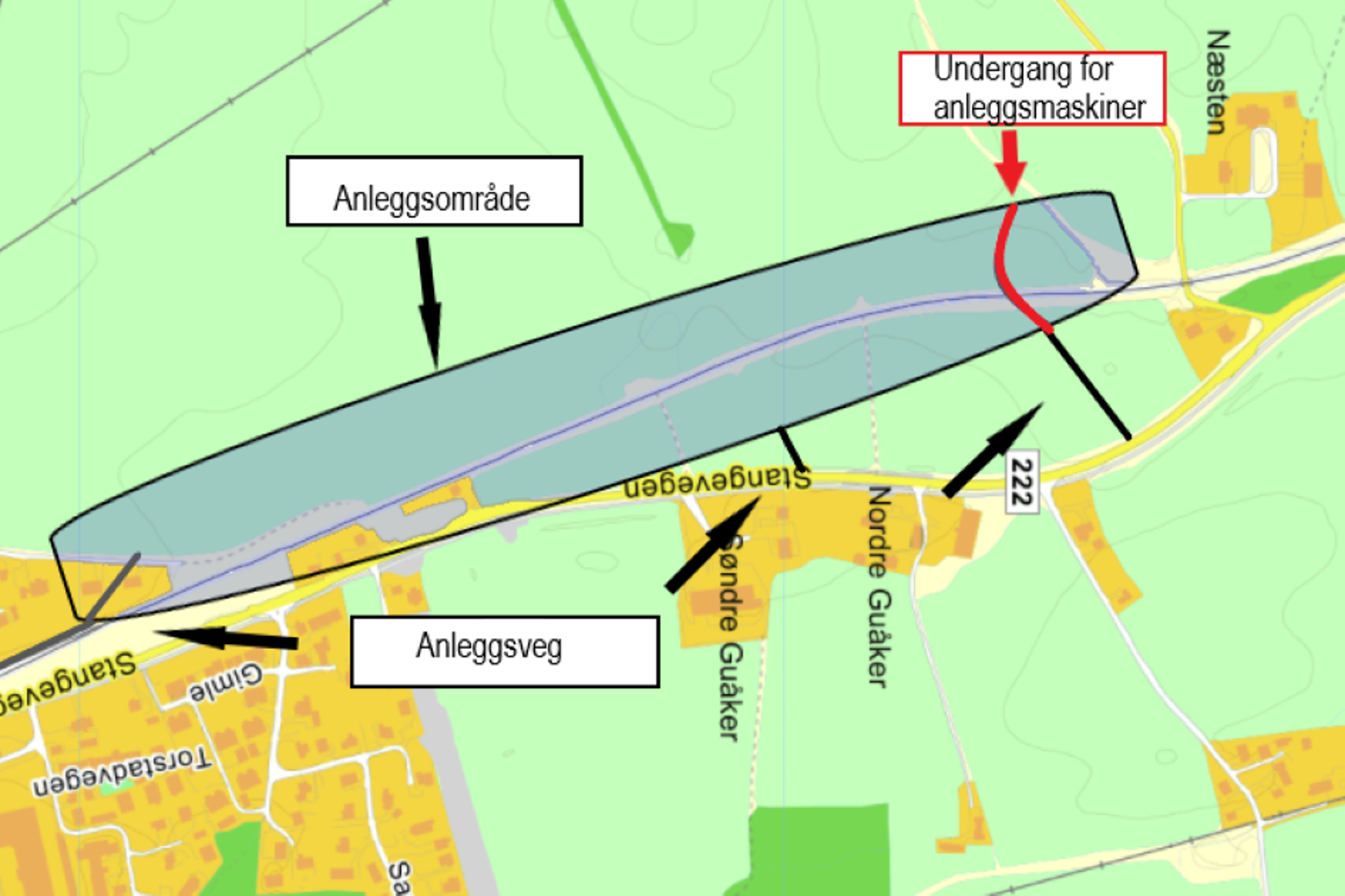 Kart som viser at det skal settes inn midlertidig undergang under dagens jernbanespor ved Fokholgutua i den togfrie perioden i august/september. 