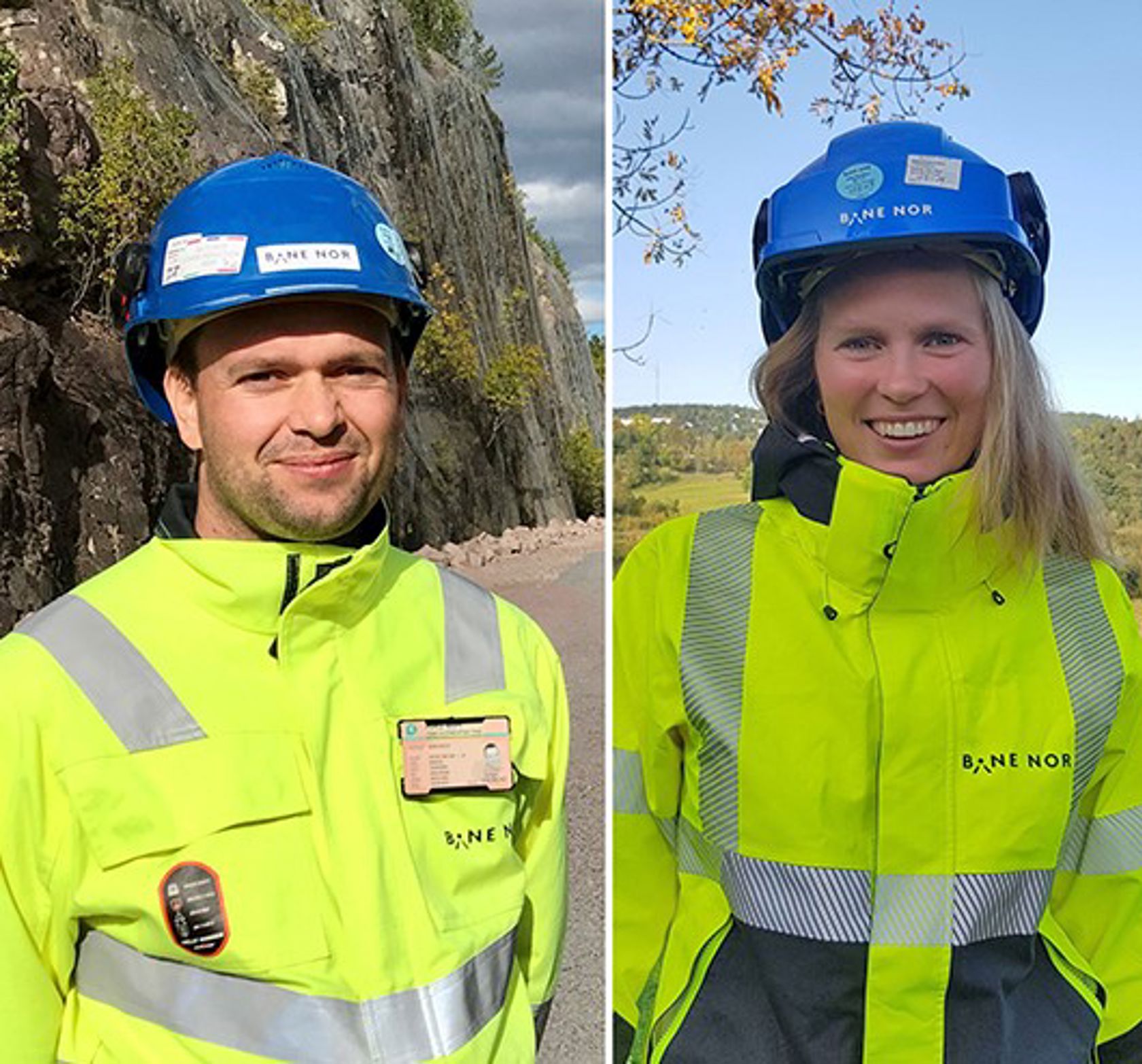 To-delt bilde av Vilde og Marius som smiler i gule verneklær og blå hjelm. 