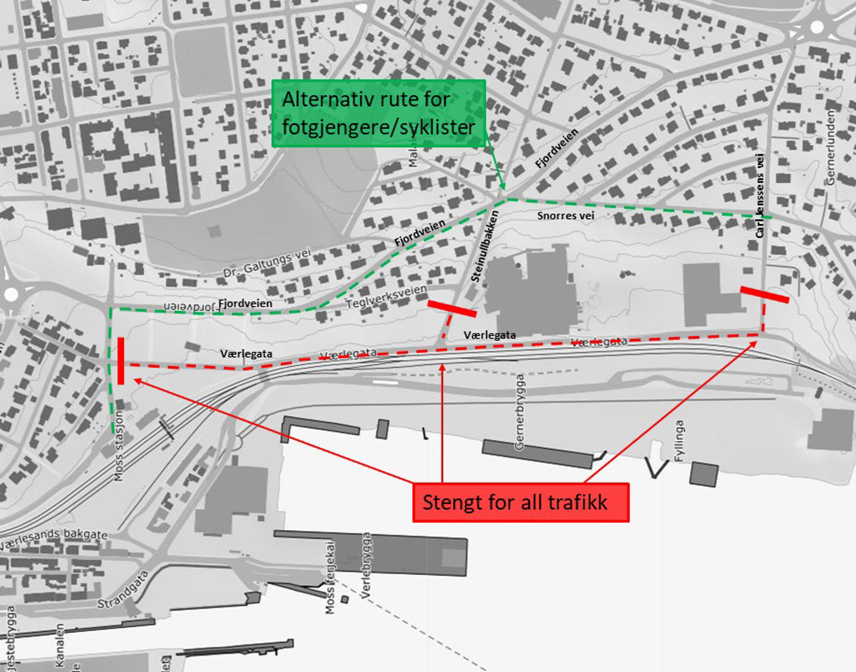Illustrasjon som viser hvor det er stengt og anbefalt omkjøring