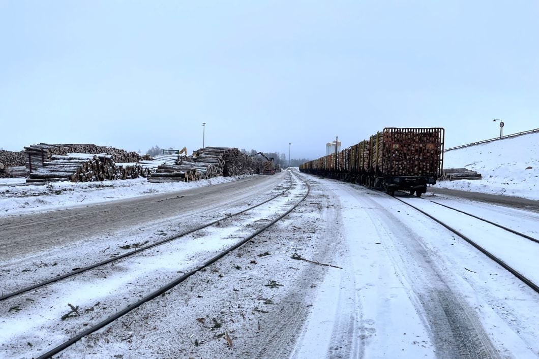 Spor og tømmertog på en snødekt Norsenga tømmerterminal