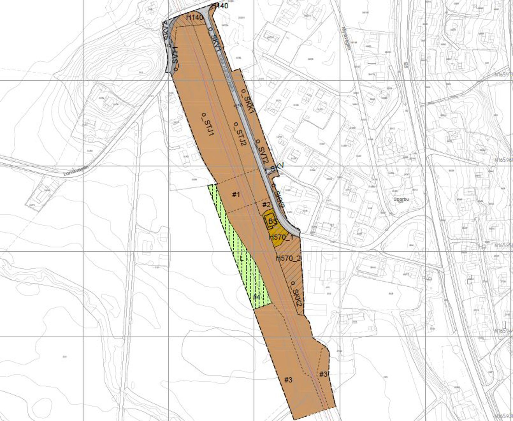 Plankart som viser område for utbygging av jernbane ved Sparbu stasjon.