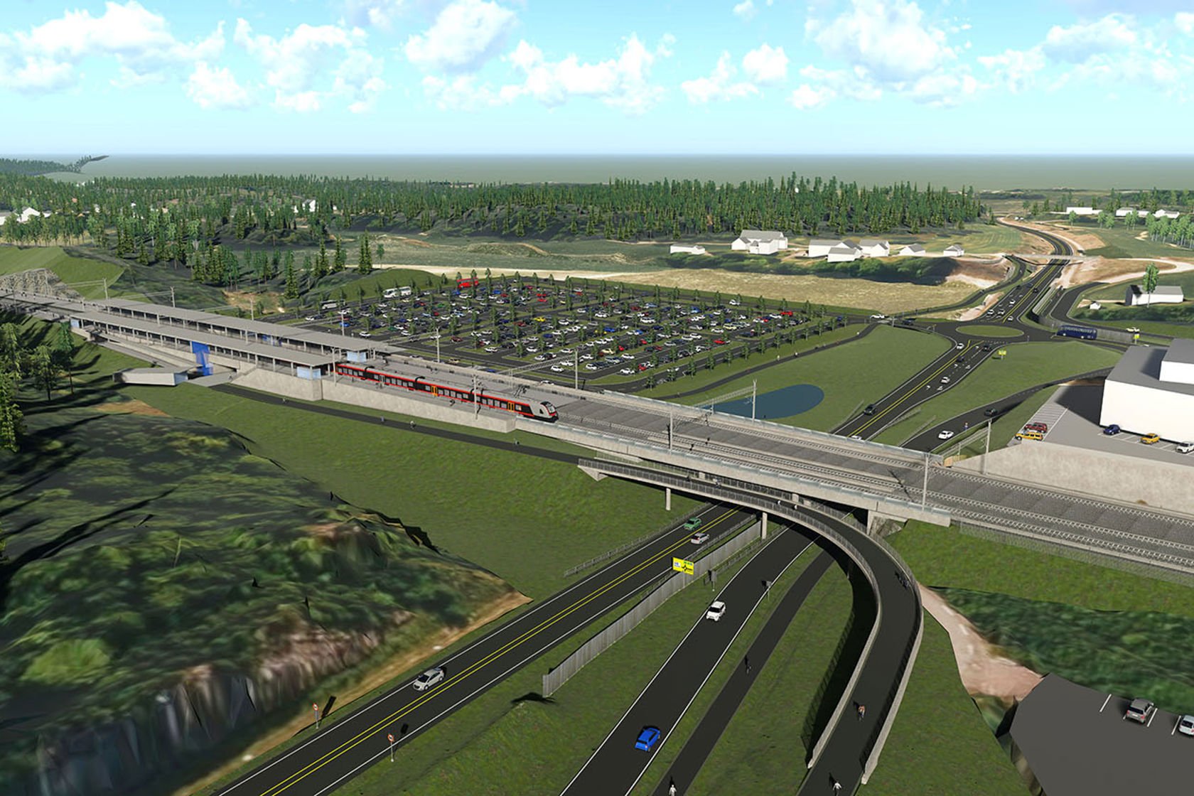 Illustrasjon av toglinjer og stasjon som går over motorvei.