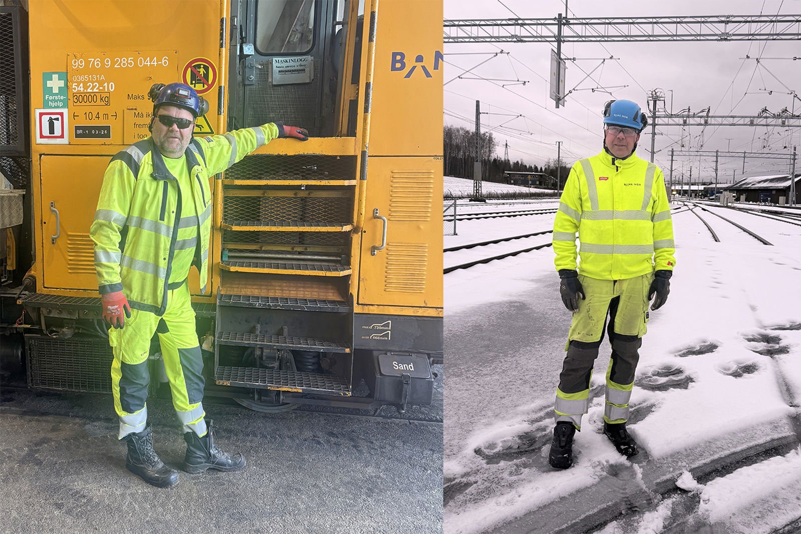 To bilder, hvor Morgan står foran en skinnetraktor og Bjørn på et snølagt sporområde.