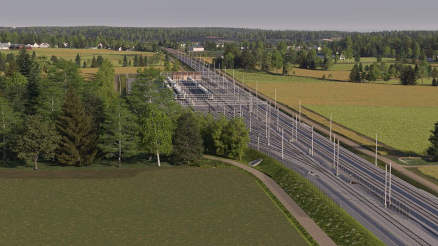 Illustrasjonen viser et togparkeringsanlegg og togspor