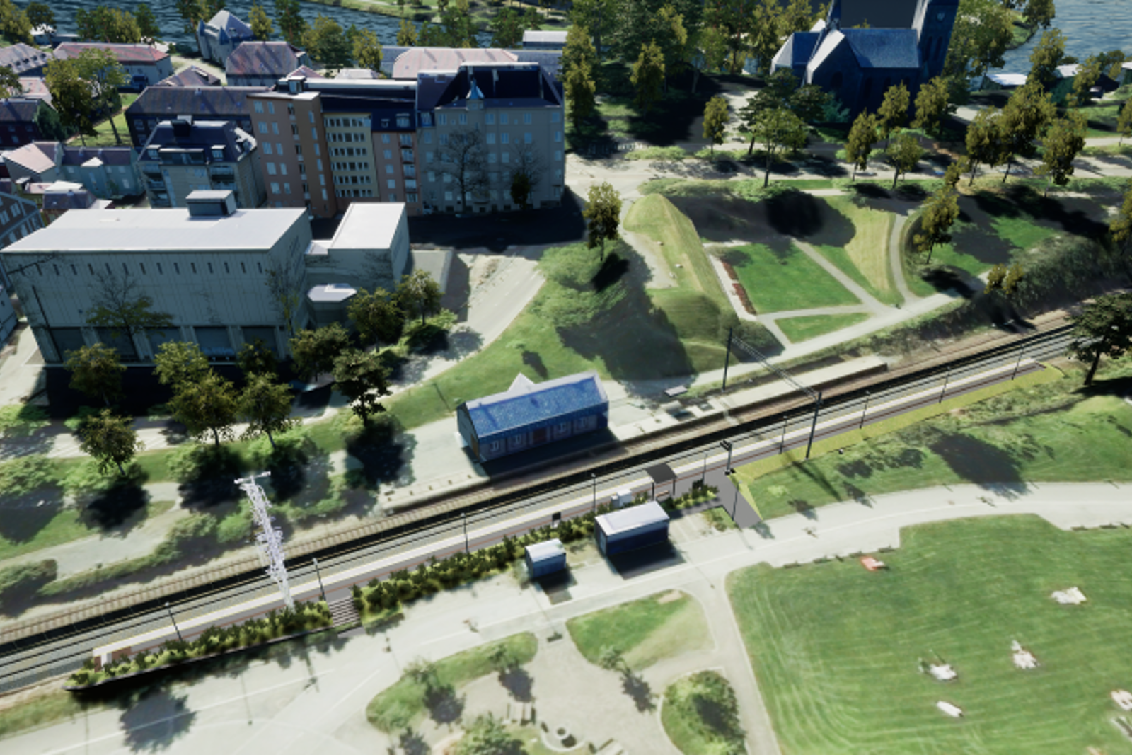 Illustrasjon av Skansen stasjon i Trondheim sett ovenfra