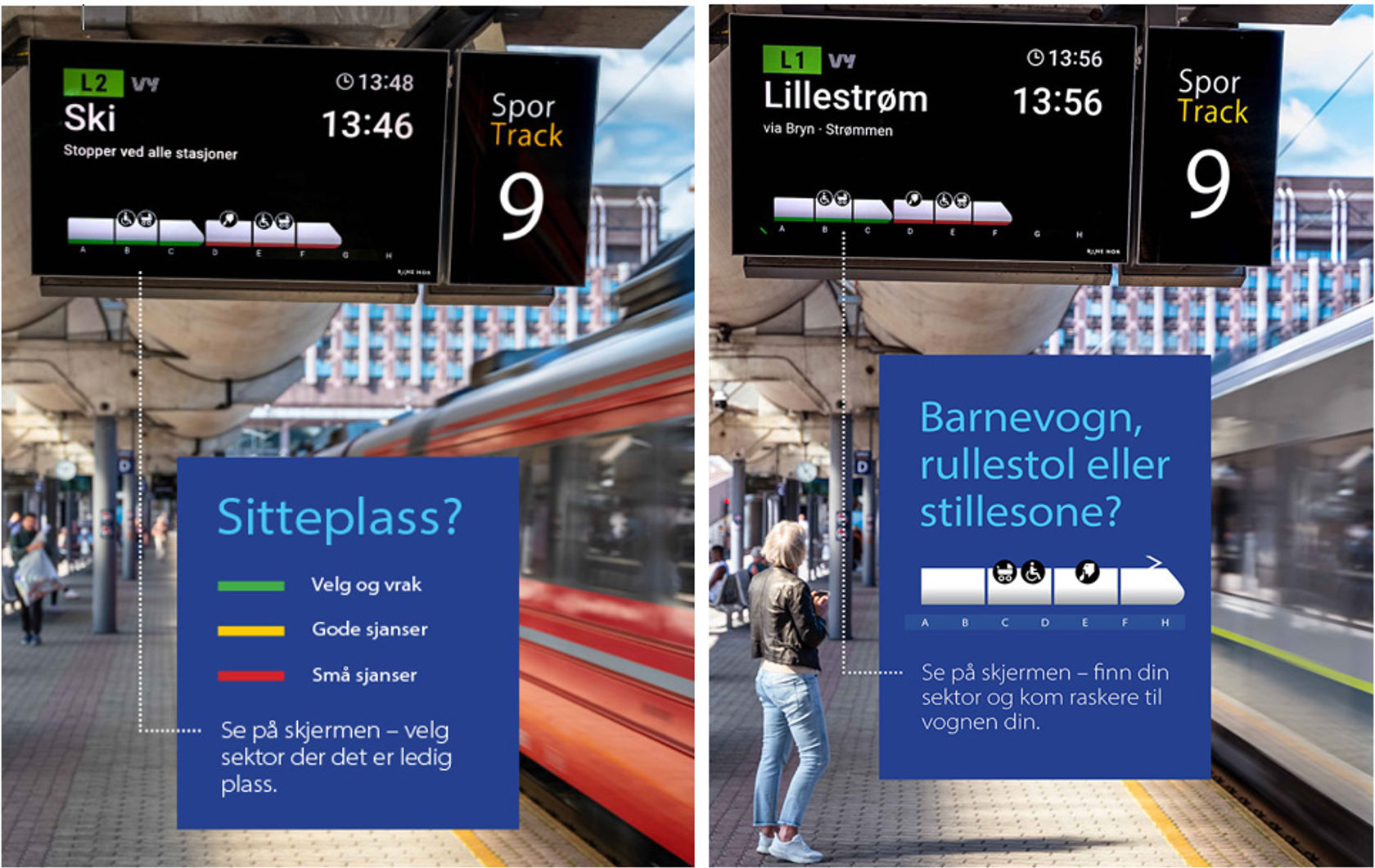 Markeringer på plattformen gir informasjon om hvor det er ledige seter, rullestolrampe, stillesone