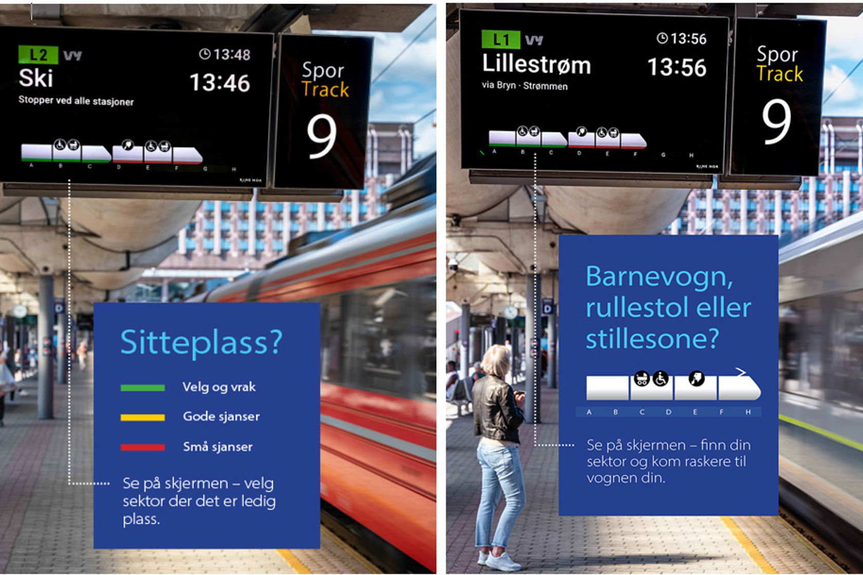 Markeringer på plattformen gir informasjon om hvor det er ledige seter, rullestolrampe, stillesone