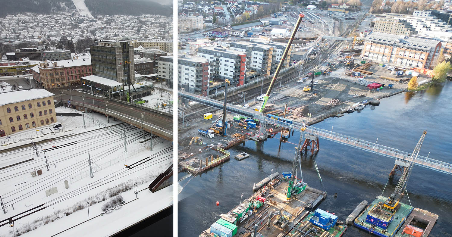 Dronebilde fra desember 2021 (til venstre) og fra november 2022. I år har vi revet både bybrua over sporområdet og togparkeringen på Skamarken.