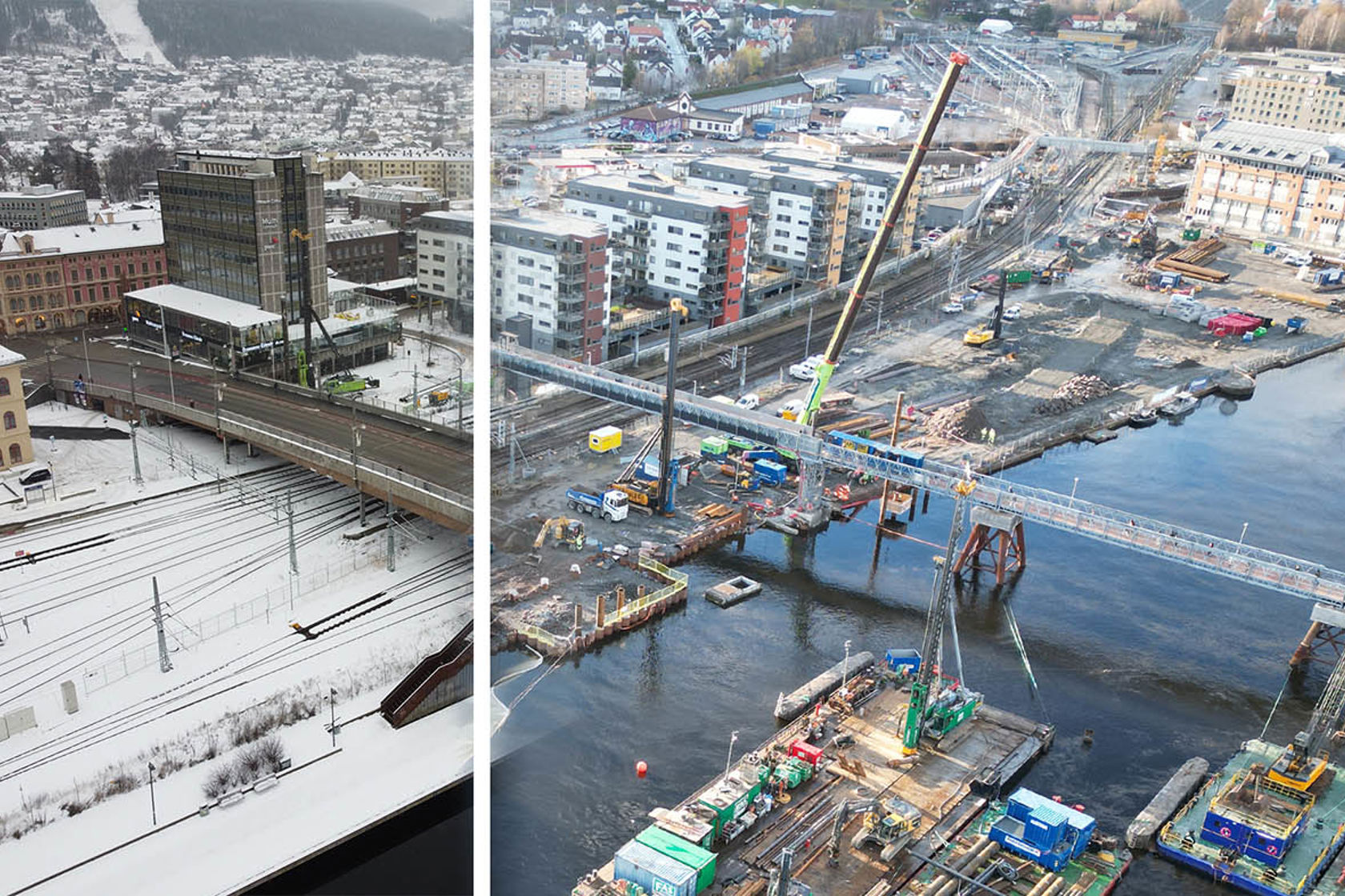 Kollasj av to foto av Drammen stasjon 2021 og 2022. Med og uten bybrua. 