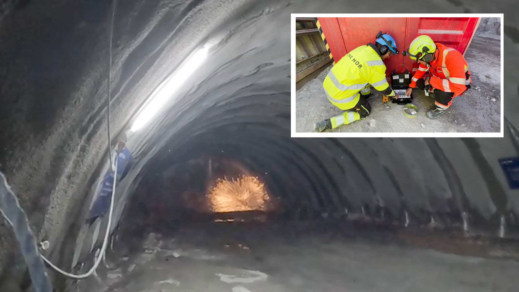 Gnister fra sprengning inne i tunnel. Innfelt fotoav to personer i vernetøy som trykker på hver sin detonatorknapp.