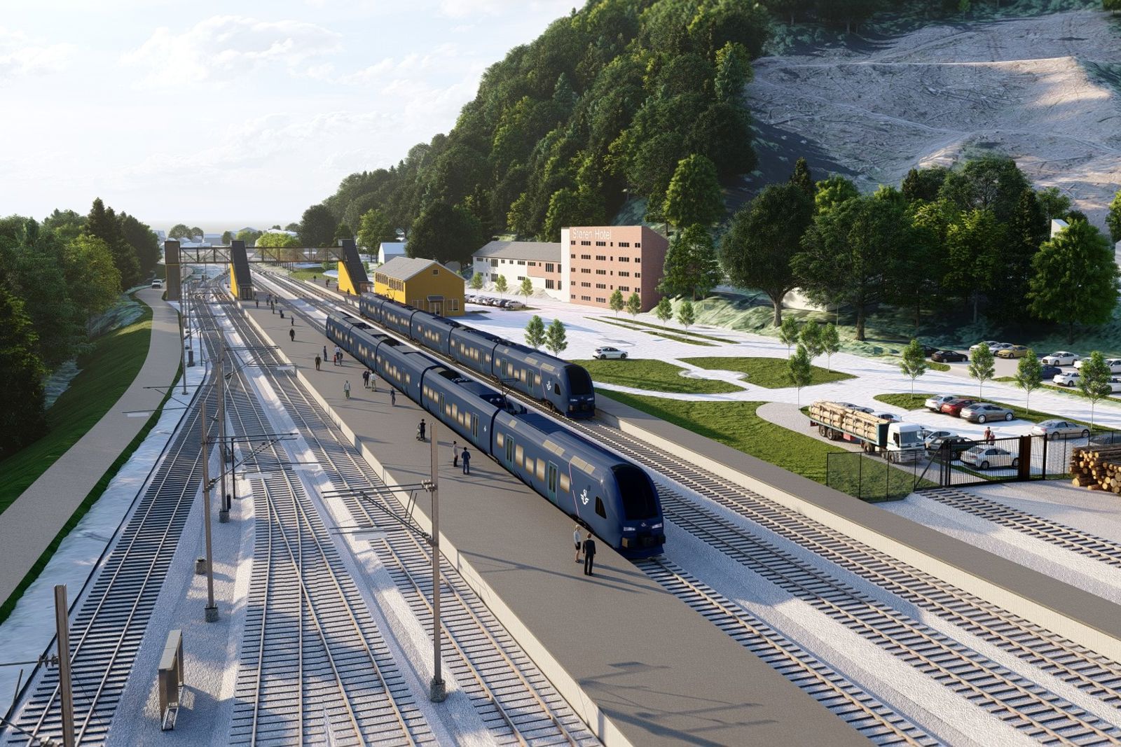 Illustrasjon av Støren stasjon sett fra nord når utbyggingen er ferdig