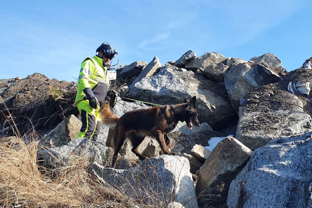 Hund og mannskap fra Eksplosivhund.no i arbeid under søk etter eksplosiver i det gamle steinbruddet/pukkverket på Tangen.  