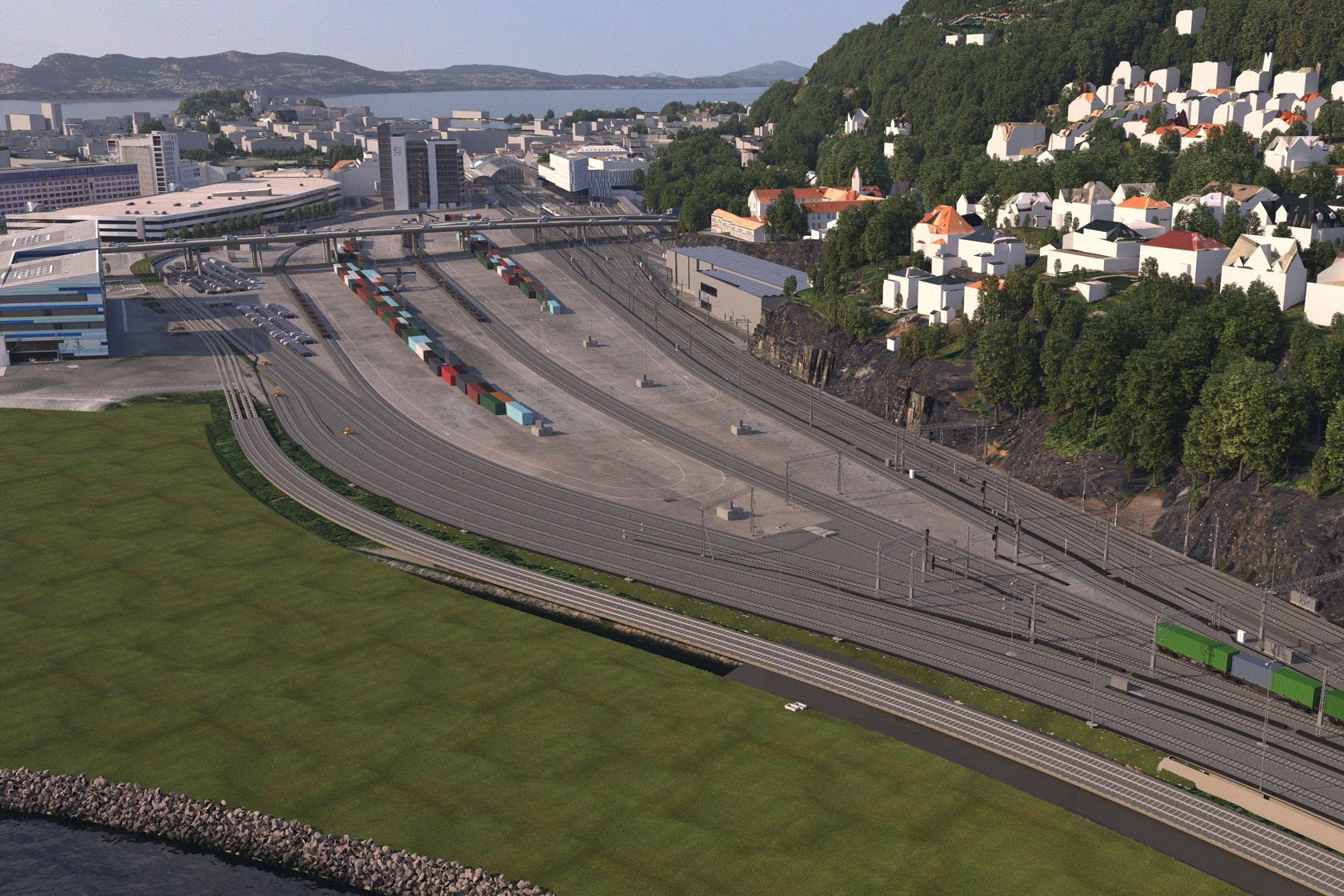 Illustrasjon som viser sporene ut fra jernbanestasjonen i Bergen