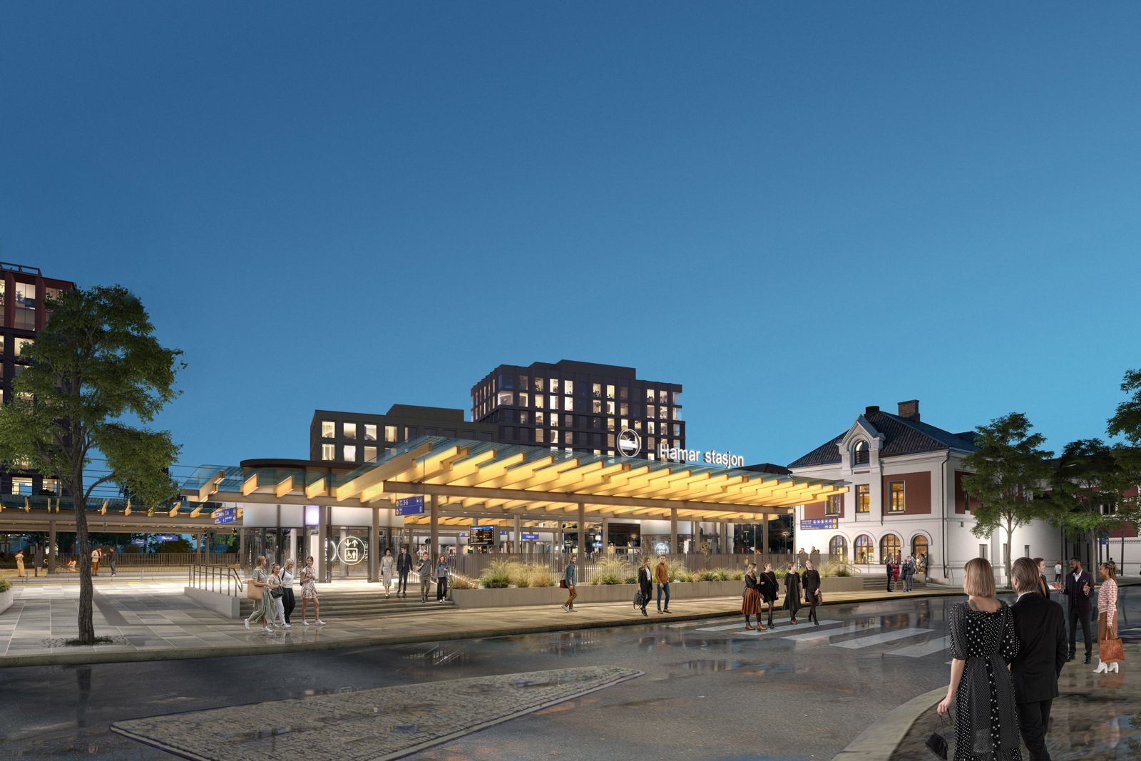 Illustrasjon av hvordan Hamar stasjon kan bli seende ut, og ny bebyggelse ved Mjøsfronten.