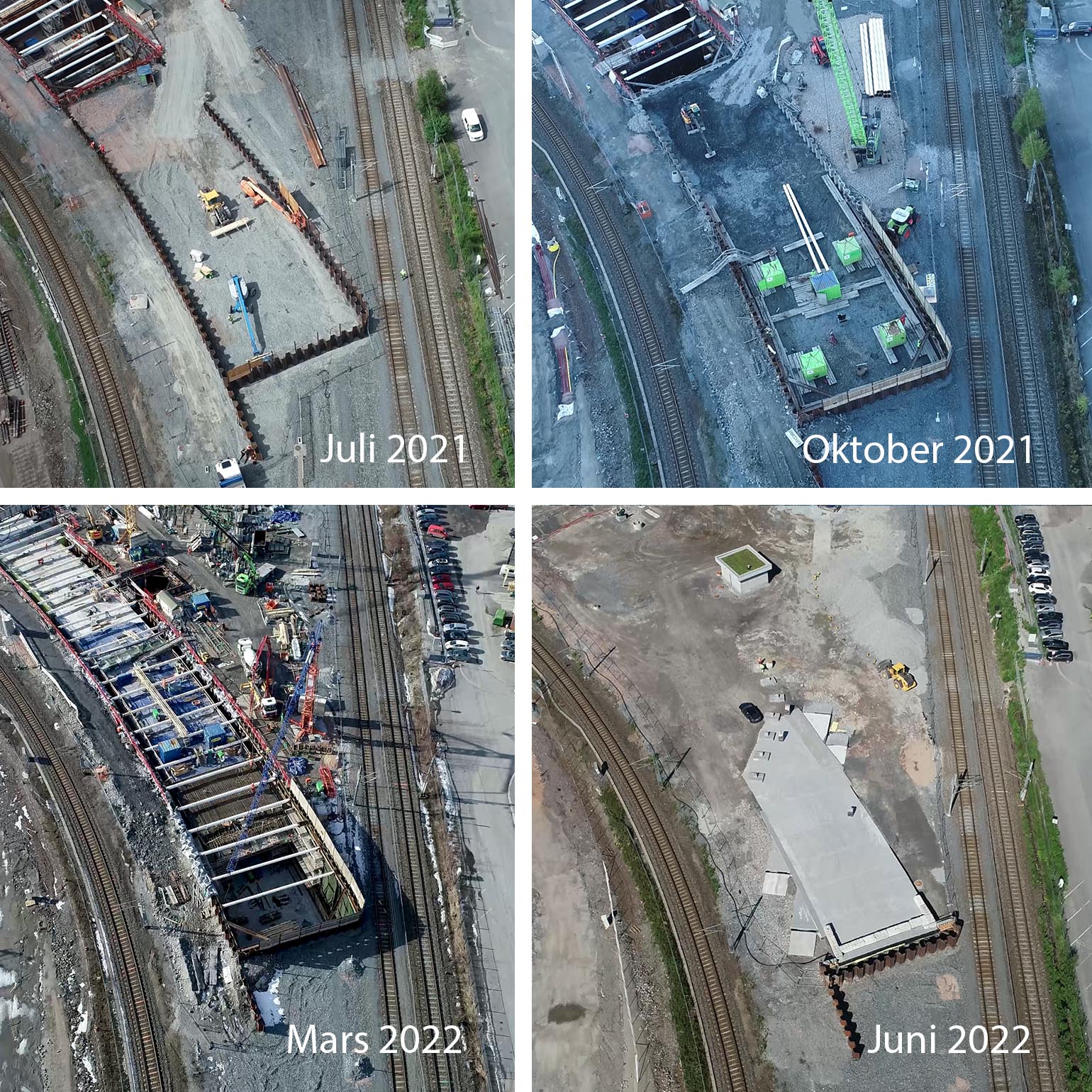 Dronebilder av arbeidene fra juli 2021 til juni 2022. (Foto: Veidekke)