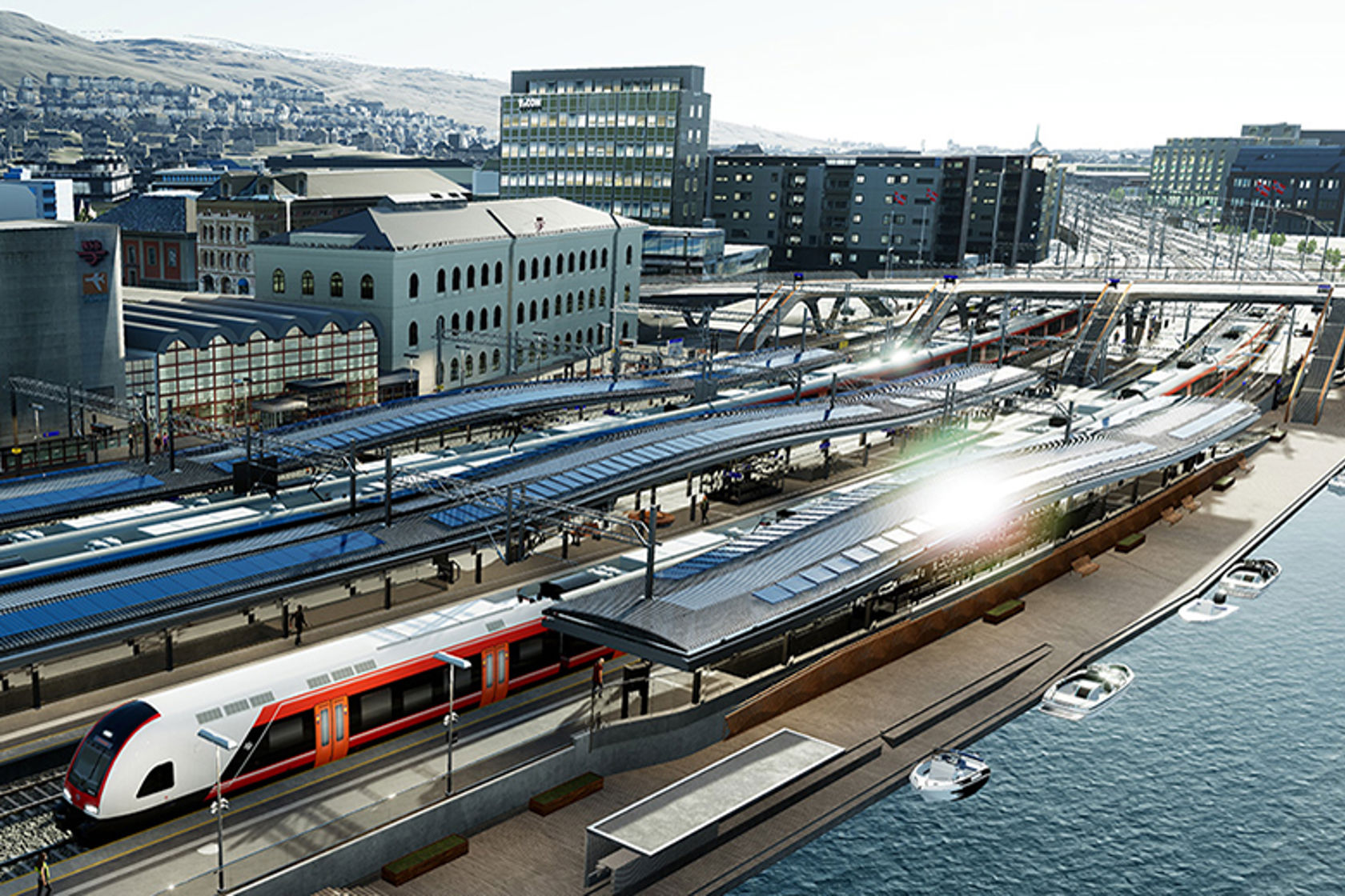 Tegning av tog på en ny, fin stasjon ved Drammenselva.
