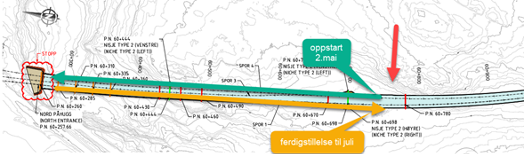Illustrasjon som viser hvor det skal sprenges i Carlbergtunnelen